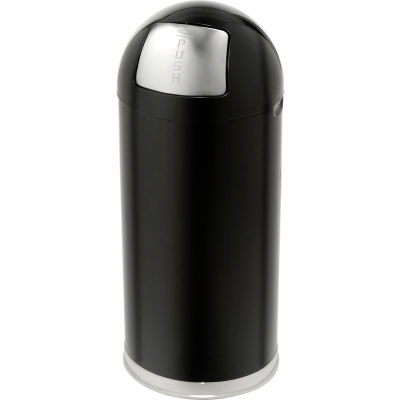 Rubbermaid® Steel Round Trash Can W/Push Door Dome Top & Galvanized Liner, 15 Gallon, Black