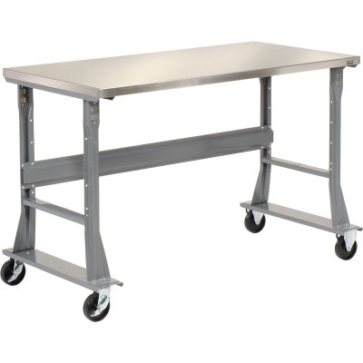 Global Industrial 60 x 30 Mobile Fixed Height C-Channel Flared Leg Workbench - Stainless Steel