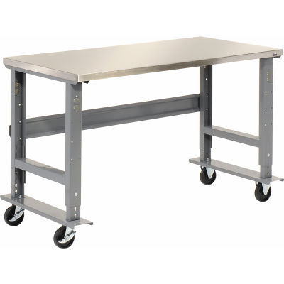 Global Industrial™ 60x30 Mobile Adjustable Height C-Channel Leg Workbench - Stainless Steel