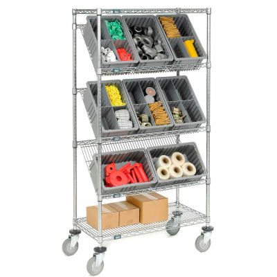 Global Industrial Easy Access Slant Shelf Wire Cart 12 3-1/2"H Grid Containers Gray 36x18x63