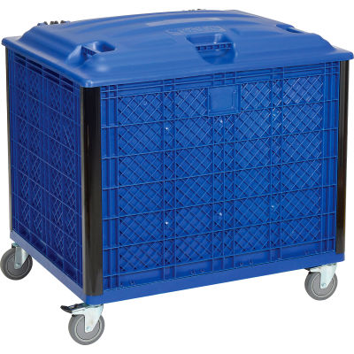 Global Industrial Easy Assembly Solid Wall Bulk Container, Lid & Casters 39-1/4x31-1/2x29 Blue