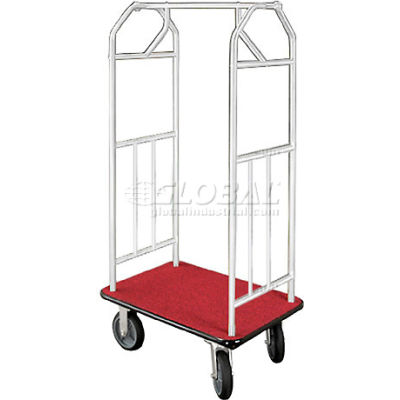 Glaro Bellman Hotel Cart 35x24 Satin Aluminum, Burgundy Carpet & Rubber Wheels