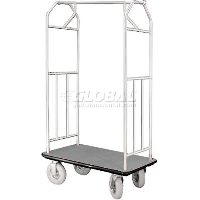 Glaro Bellman Hotel Cart 41x24 Satin Aluminum with Gray Carpet & Pneu. Wheels