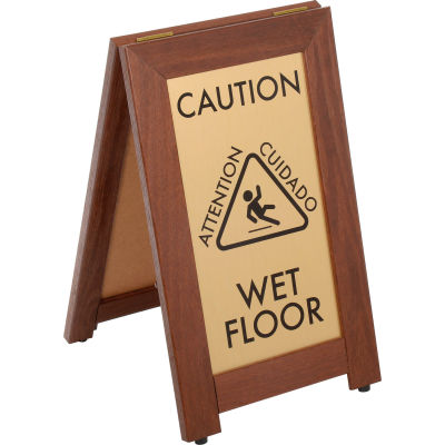 CAUTION WET FLOOR Sign With Rubber Feet, 12"x20", Walnut