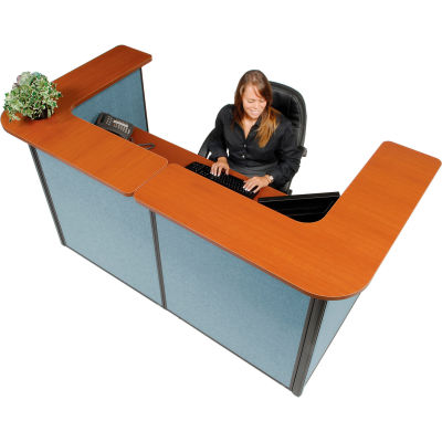 Interion® U-Shaped Reception Station, 88" W x 44"D x 44"H, Cherry Counter, Blue Panel