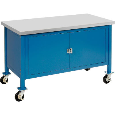 Global Industrial 60"W x 30"D Mobile Workbench with Security Cabinet - ESD Square Edge - Blue