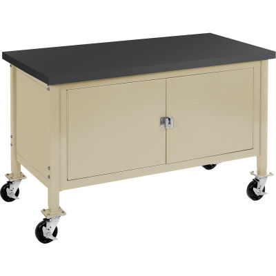 Global Industrial 60 x 30 Mobile Workbench - Security Cabinet - Phenolic Resin Safety Edge Tan