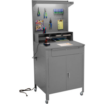 Mobile Cabinet Shop Desk with Pigeonhole Riser, Pegboard & Top Shelf 34-1/2"W x 30"D x 80"H - Gray