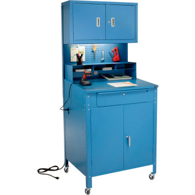 Mobile Cabinet Shop Desk w/ Pigeonhole Riser, Pegboard & Upper Cabinet 34-1/2"W x 30"D x 80"H - Blue
