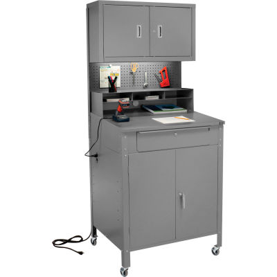 Mobile Cabinet Shop Desk w/ Pigeonhole Riser, Pegboard & Upper Cabinet 34-1/2"W x 30"D x 80"H - Gray