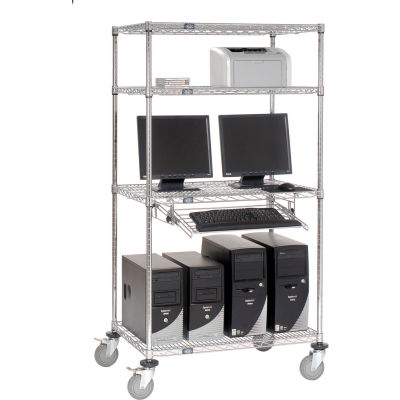 Nexel™ 4-Shelf Mobile Wire Computer LAN Workstation w/Keyboard Tray, 36"W x 24"D x 69"H, Chrome