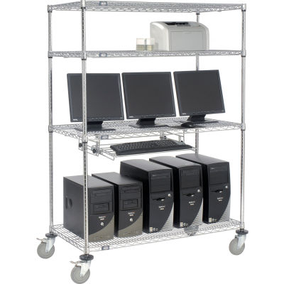 Nexel 4-Shelf Mobile Wire Computer LAN Workstation w/Keyboard Tray, 48"W x 24"D x 69"H, Chrome