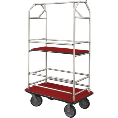 Glaro Bellman Condo Cart 48x25 Satin Aluminim Burgundy Carpet, 4 Rubber Wheels