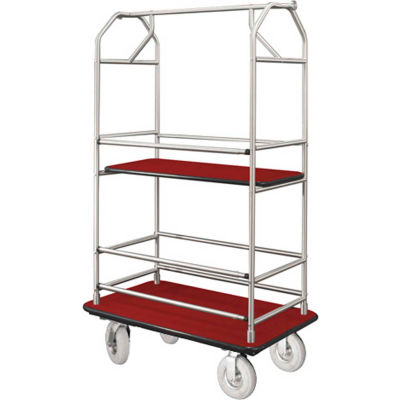 Glaro Bellman Condo Cart 40x25 Satin Aluminim Burgundy Carpet, 4 Pneumatic Wheels