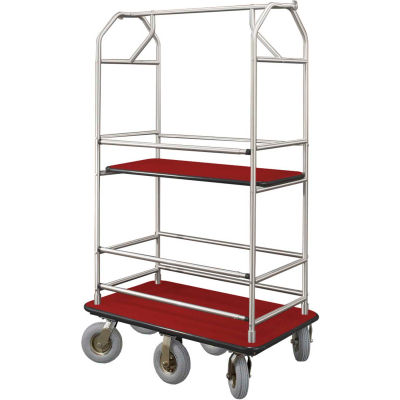 Glaro Bellman Condo Cart 48x25 Satin Aluminum Burdundy Carpet, 6 Pneumatic Wheels