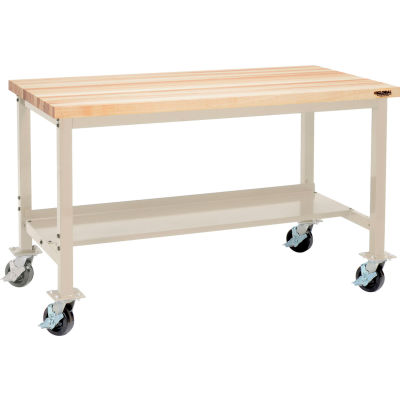 72"W x 36"D Mobile Production Workbench - Maple Butcher Block Safety Edge - Tan