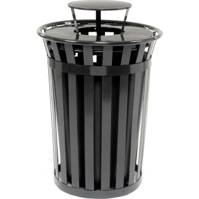 Global Industrial Outdoor Slatted Steel Trash Can With Rain Bonnet Lid, 36 Gallon, Black