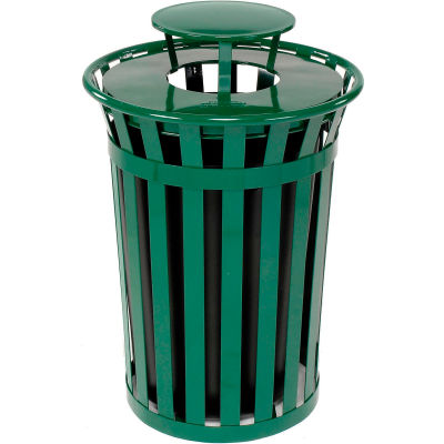 Global Industrial Outdoor Metal Slatted Trash Receptacle with Rain Bonnet Lid - 36 Gal Green