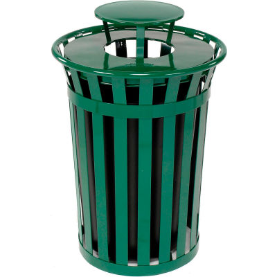 Global Industrial™ Outdoor Slatted Steel Trash Can With Rain Bonnet Lid, 36 Gallon, Green