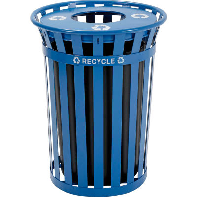 Global Industrial Outdoor Steel Recycling Receptacle with Flat Lid - 36 Gallon Blue