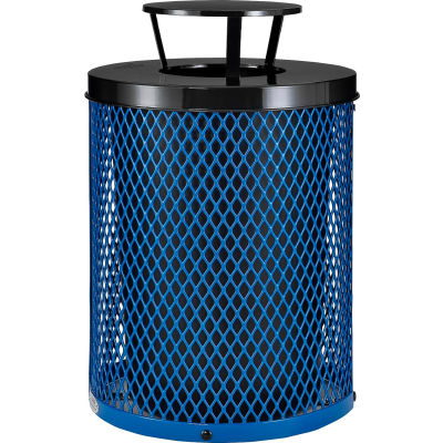 Global Industrial Outdoor Diamond Steel Trash Can With Rain Bonnet Lid, 36 Gallon, Blue