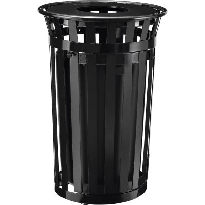 Global Industrial Outdoor Metal Slatted Waste Receptacle w/Access Door & Flat Lid - 36 Gal BK