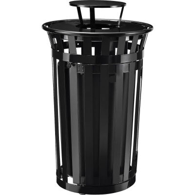 Global Industrial Outdoor Metal Slatted Waste Receptacle w/Access Door,Rain Bonnet - 36 Gal BK
