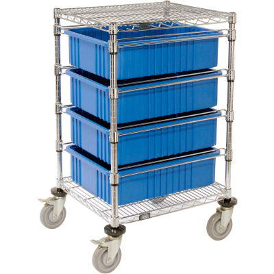 Global Industrial Chrome Wire Cart With (4) 6"H Blue Grid Containers 21x24x40