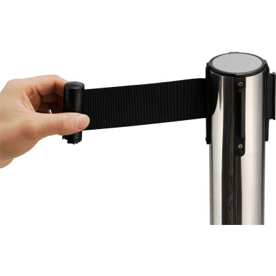 Global Industrial Retractable Belt Barrier, 39" Stainless Steel Post, 6-1/2' Black Belt