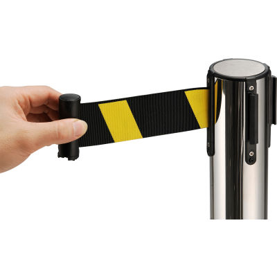Global Industrial Retractable Belt Barrier, 39" Stainless Steel Post, 6-1/2' Black/Yellow Belt