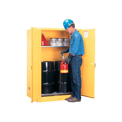 Justrite® Drum Cabinet 60 Gal. Capacity Vertical Manual Close Flammable W/ Drum Rollers