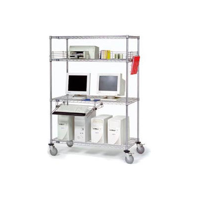 Nexel 4-Shelf Mobile Wire Computer LAN Workstation w/Keyboard Tray, 60"W x 24"D x 69"H, Chrome