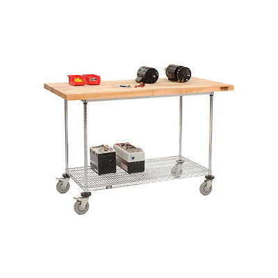60"W x 30"D Mobile Workbench with Wire Rack - Maple Butcher Block Square Edge