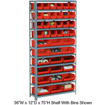 Global Industrial Steel Open Shelving - 28 Red 8-1/4x10-3/4x7 Stacking Bins 8 Shelves 36x12x73