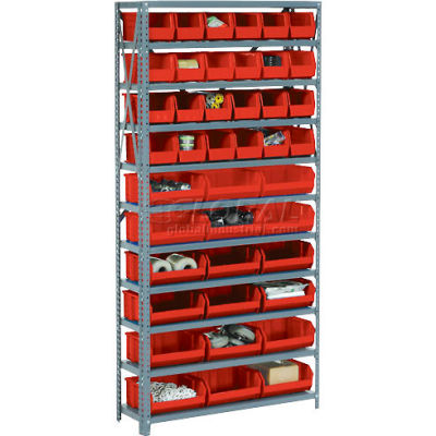 Global Industrial Steel Open Shelving - 14 Red Plastic Stacking Bins 8 Shelves - 36 x 12 x 73