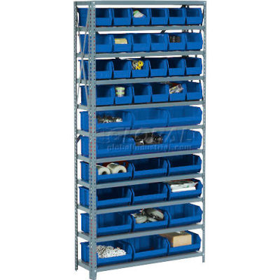 Global Industrial Steel Open Shelving - 21 Blue Plastic Stacking Bins 8 Shelves - 36 x18 x 73