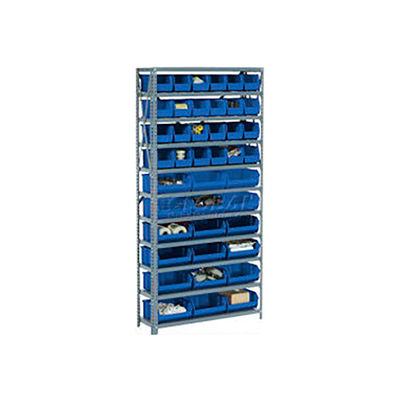 Global Industrial Steel Open Shelving - 15 Blue Plastic Stacking Bins 8 Shelves - 36 x18 x 73