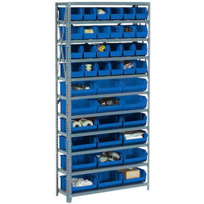 Global Industrial Steel Open Shelving - 10 Blue Plastic Stacking Bins 8 Shelves - 36 x18 x 73