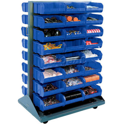 Global Industrial Mobile Double Sided Floor Rack - 24 Blue Stacking Bins 36 x 54