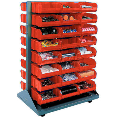 Global Industrial Mobile Double Sided Floor Rack - 24 Red Stacking Bins 36 x 54