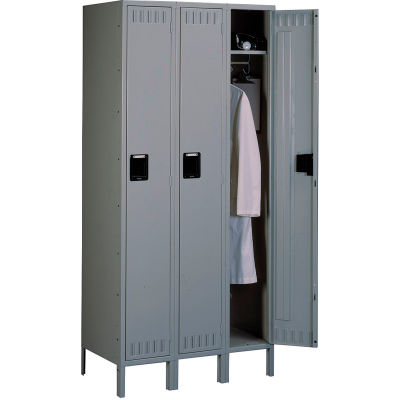Tennsco Single Tier 3 Door Steel Locker W/Legs, Recessed Handle, 12"Wx18"Dx72"H, Gray, Assembled