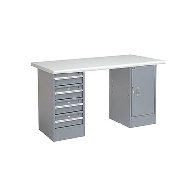 Global Industrial 72 x 30 Pedestal Workbench 4 Drawers & 1 Cabinet, Laminate Safety Edge Gray