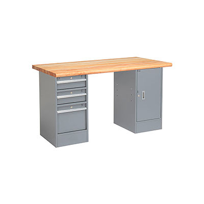Global Industrial 72 x 30 Pedestal Workbench - 3 Drawers & Cabinet, Maple Safety Edge - Gray