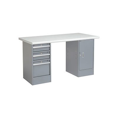 Global Industrial 60 x 30 Pedestal Workbench 3 Drawers & 1 Cabinet, Laminate Safety Edge Gray