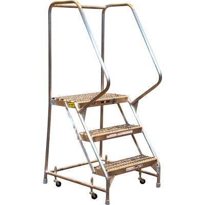3 Step Aluminum Rolling Ladder, 24"W Grip Step, 30" Handrails - WLAR103245