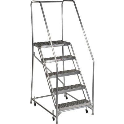 5 Step Aluminum Rolling Ladder, 24"W Grip Step, 30" Handrails - WLAR105245