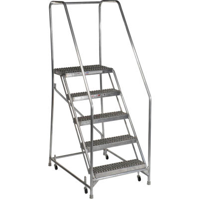 5 Step Aluminum Rolling Ladder, 24"W Grip Step, 30" Handrails - WLAR105245