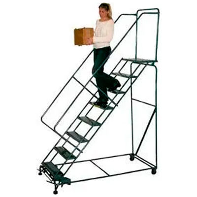8 Step 24"W Steel Safety Angle Rolling Ladder W/ Handrails - Perforated Tread