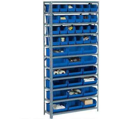 Global Industrial™ Steel Open Shelving with 42 Blue Plastic Stacking Bins 11 Shelves - 36x12x73