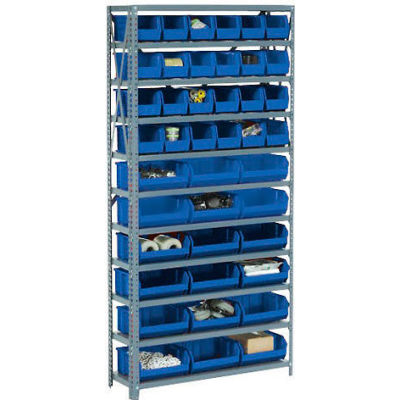 Global Industrial Steel Open Shelving with 28 Blue Plastic Stacking Bins 10 Shelves - 36x18x73